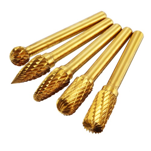 5pcs 6x10mm Tungsten Steel Grinding Head Drill Bit Titanium Coated Rotary Burrs Tool